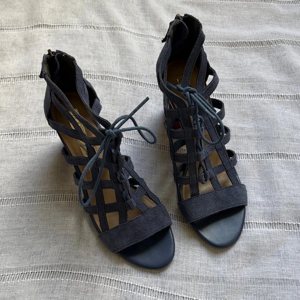 Aubrey Lynn blue suede gladiator-style heels with a tie and zip closure